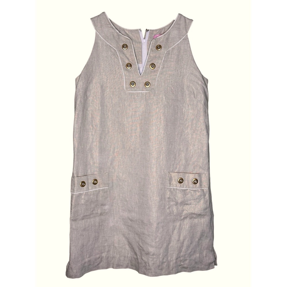 Lilly Pulitzer Metallic Linen Grommet Shift Dress Beige Gold Size 6 - Picture 2 of 15
